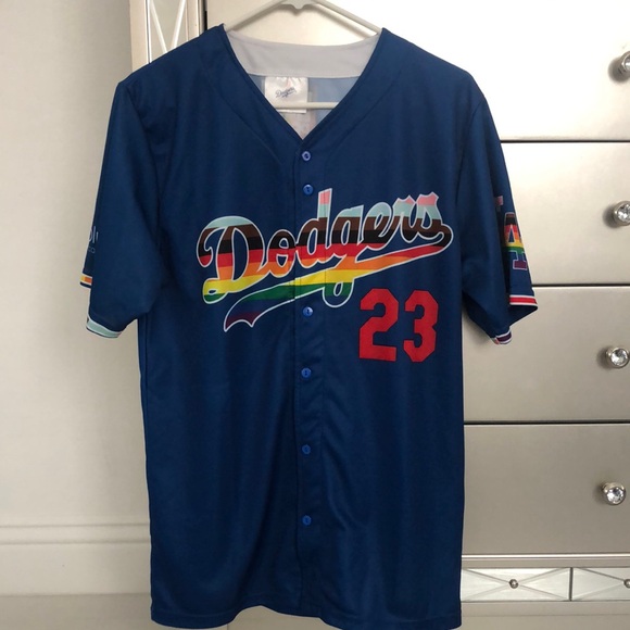 Blue Dodgers Jersey with Rainbow Logo - Picture 1 of 7